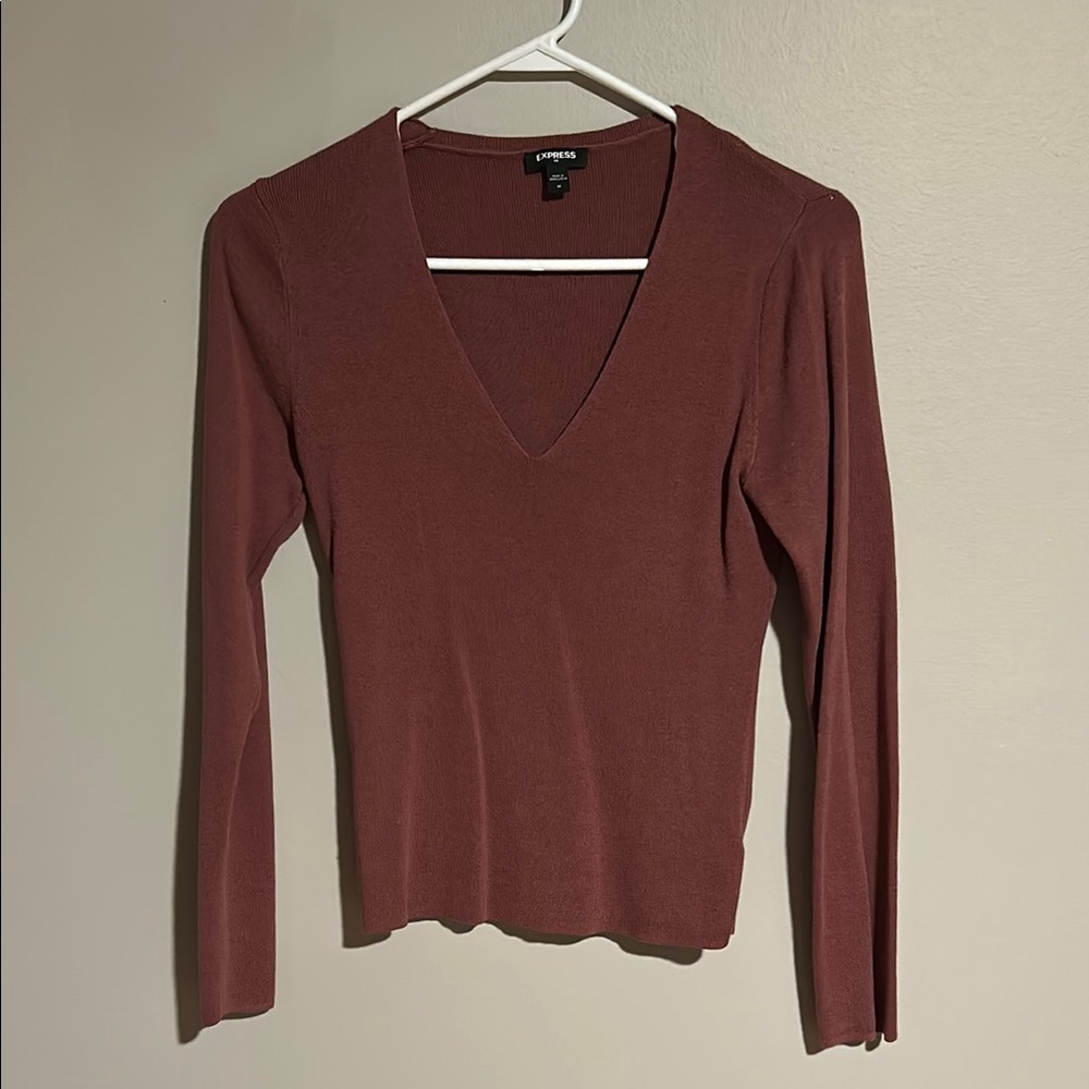 Express Red Ribbed V-Neck Top